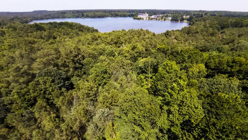 photo prise de haut de l'étang de l'Abbaye à Paimpont 