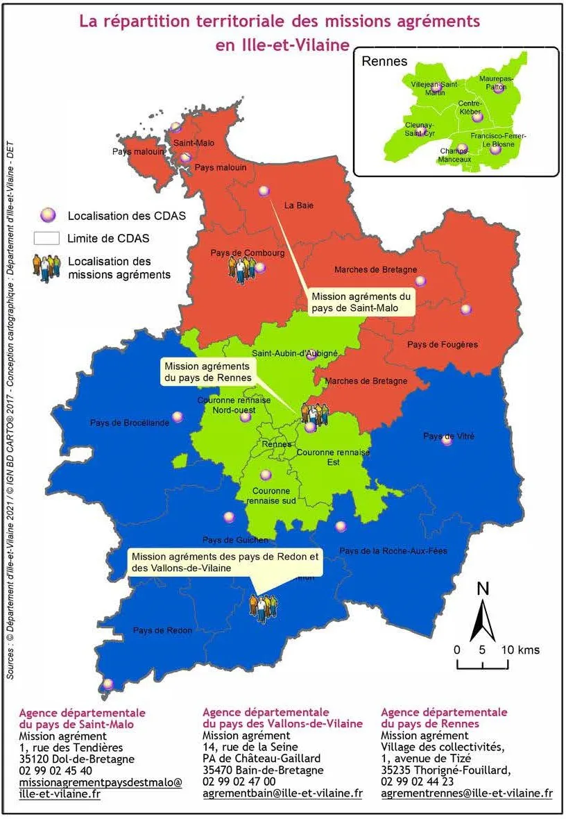 Carte de répartition territoriale des missions agréments en Ille-et-Vilaine